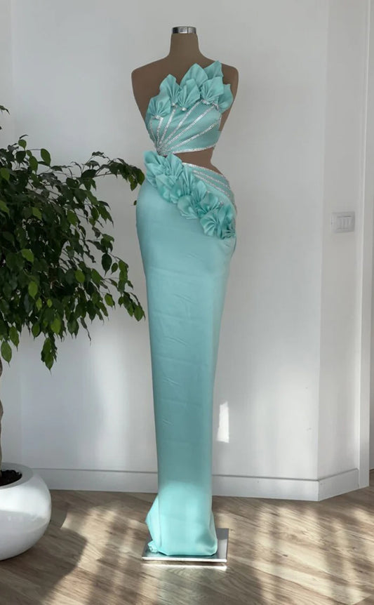 RP289-Gorgeous Turquoise Mermaid Strapless Beaded Sleeveless Prom Evening Dresses Formal Party Gowns With 3D Flowers