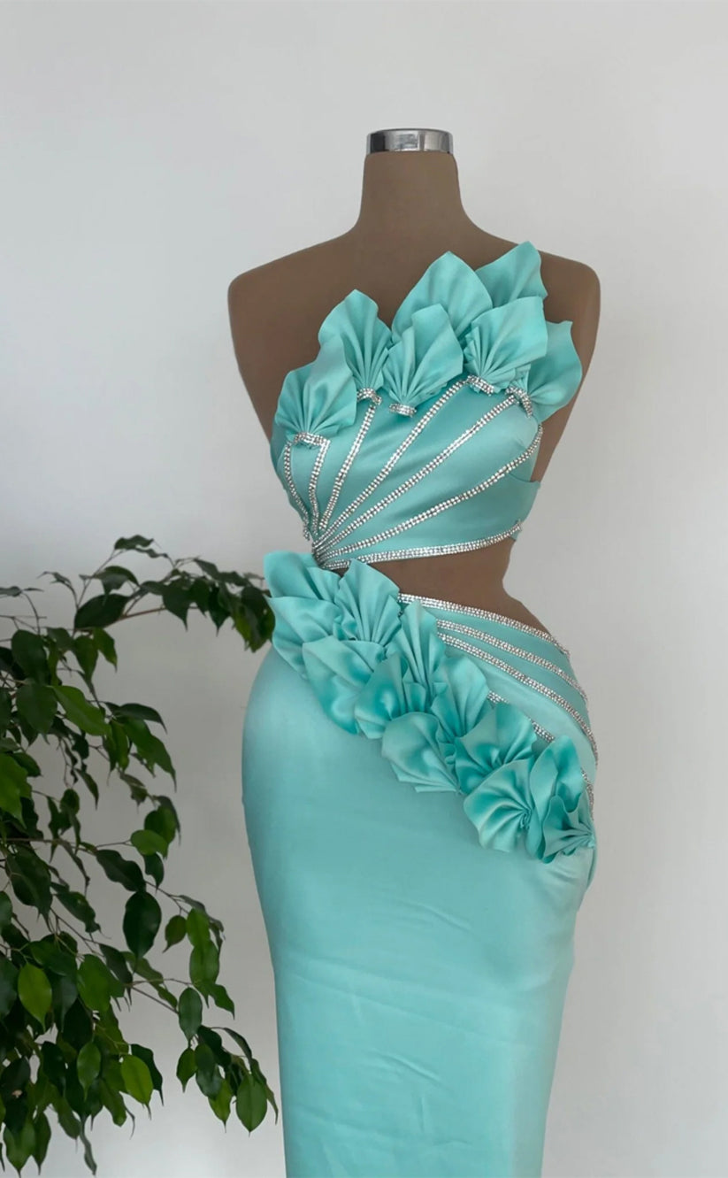 RP289-Gorgeous Turquoise Mermaid Strapless Beaded Sleeveless Prom Evening Dresses Formal Party Gowns With 3D Flowers