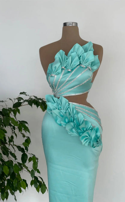 RP289-Gorgeous Turquoise Mermaid Strapless Beaded Sleeveless Prom Evening Dresses Formal Party Gowns With 3D Flowers