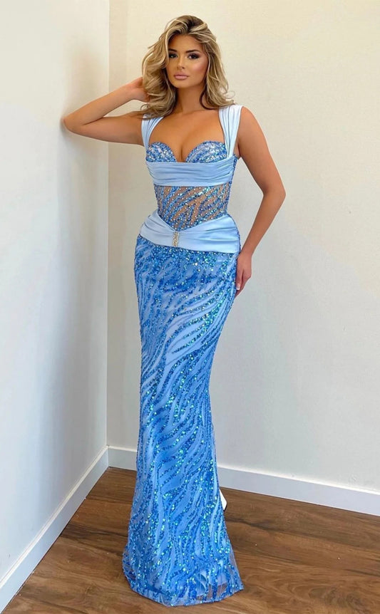 RP1082-Luxury Sky Blue Mermaid Spaghetti Beads Sequins Sleeveless Floor Length Prom Evening Dresses Formal Party Gowns