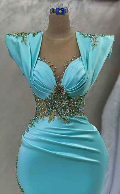 RP1083-Elegant Turquoise Mermaid Sweetheart Beaded Pearls Long Sleeves Long Prom Evening Dresses Formal Party Gowns