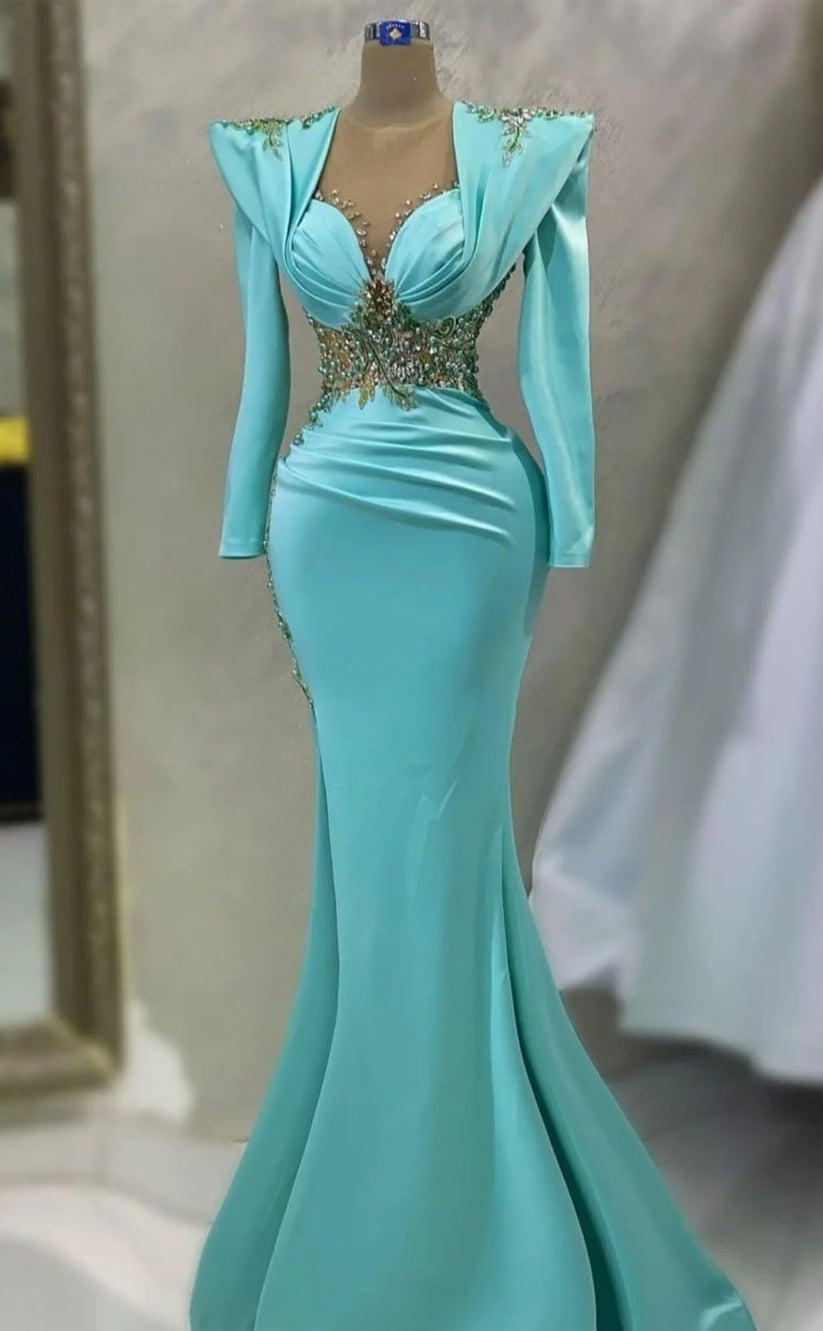 RP1083-Elegant Turquoise Mermaid Sweetheart Beaded Pearls Long Sleeves Long Prom Evening Dresses Formal Party Gowns