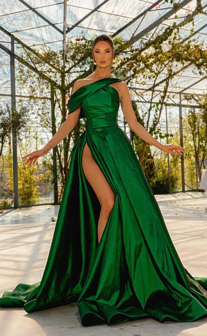 RP1085-Elegant Green A-Line One Shoulder Ruched Sleeveless Long Prom Evening Dresses Formal Party Gowns With High Slit