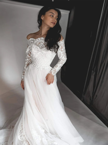 Elegant A-Line Wedding Dresses Off The Shoulder Lace Appliques Beads Long Sleeves Sweep Train Covered Buttons Tulle Bridal Gowns Custom Made