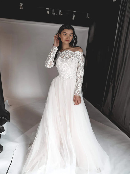 Elegant A-Line Wedding Dresses Off The Shoulder Lace Appliques Beads Long Sleeves Sweep Train Covered Buttons Tulle Bridal Gowns Custom Made