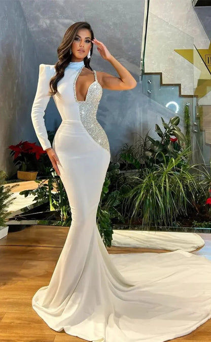 RP1072-Elegant White Mermaid High Neck Ruched Crystals One Long Sleeve Long Prom Evening Dresses Formal Party Gowns With Train