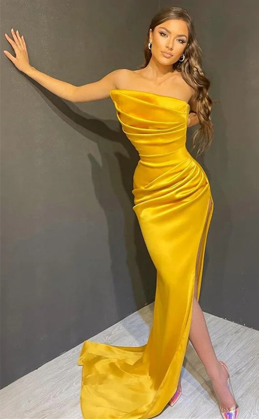 RP1074-Elegant Yellow Mermaid Strapless Ruched Sleeveless Long Prom Evening Dresses Formal Party Gowns With Slit