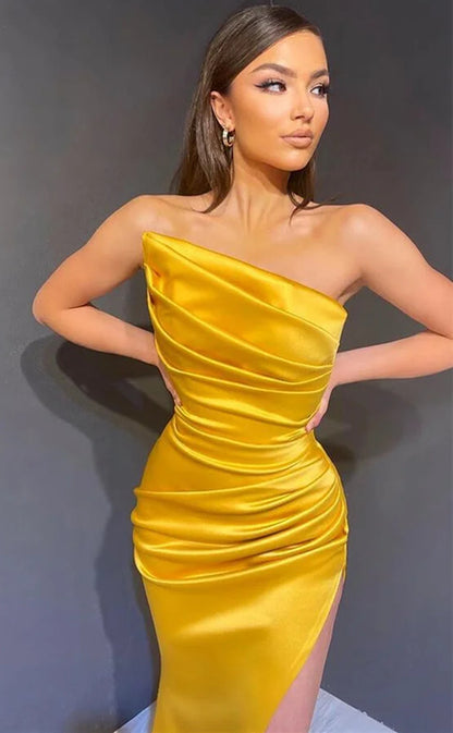 RP1074-Elegant Yellow Mermaid Strapless Ruched Sleeveless Long Prom Evening Dresses Formal Party Gowns With Slit