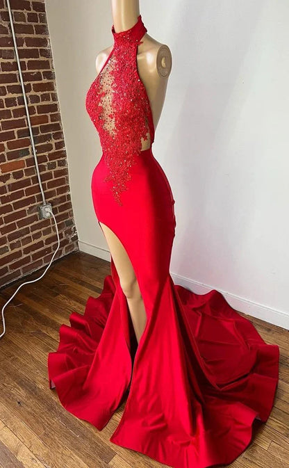 RP1077-Elegant Red Mermaid High Neck Beads Appliqued Sleeveless Long Prom Evening Dresses Formal Party Gowns With Slit