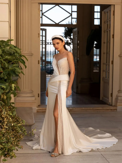 Gorgeous & Elegant Mermaid Wedding Dresses Scoop Beads Sequins Satin Court Train Bridal Gowns With Slit