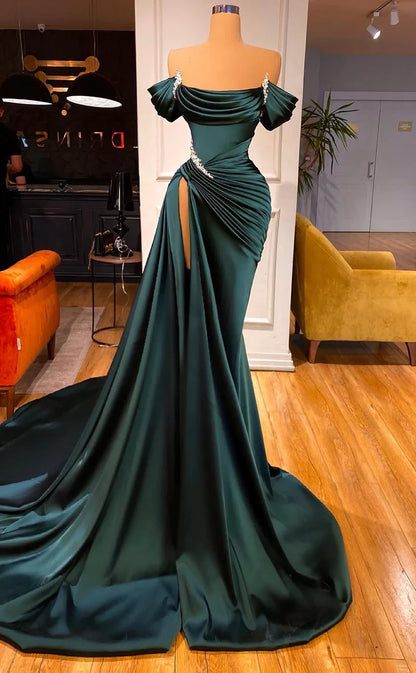 RP485-Gorgeous Green Mermaid Spaghetti Ruched Crystals Sleeveless Satin Prom Evening Dresses Formal Party Gowns With Side Slit