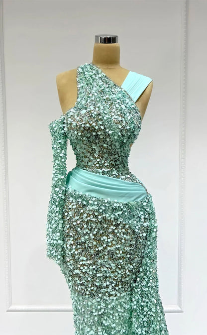 RP290-Luxurious Mint Mermaid One Shoulder Sequins One Long Sleeve Prom Evening Dresses Formal Party Gowns