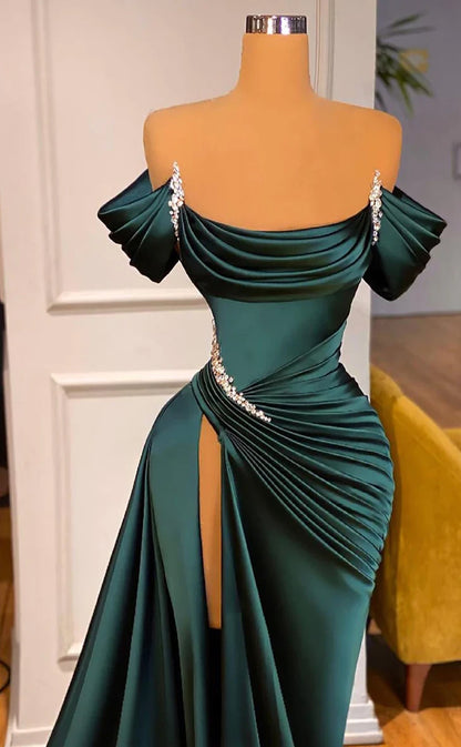 RP485-Gorgeous Green Mermaid Spaghetti Ruched Crystals Sleeveless Satin Prom Evening Dresses Formal Party Gowns With Side Slit