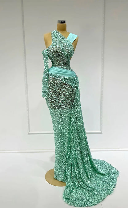 RP290-Luxurious Mint Mermaid One Shoulder Sequins One Long Sleeve Prom Evening Dresses Formal Party Gowns