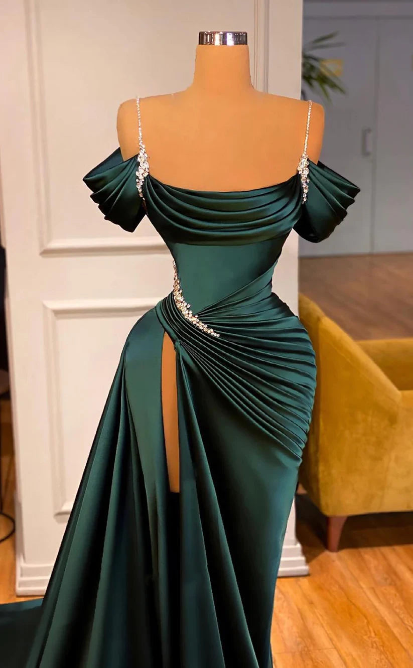 RP485-Gorgeous Green Mermaid Spaghetti Ruched Crystals Sleeveless Satin Prom Evening Dresses Formal Party Gowns With Side Slit