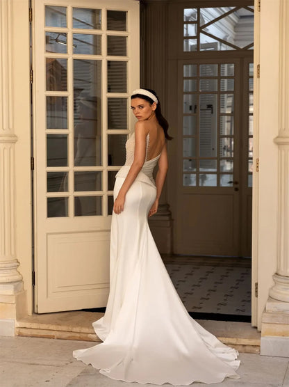 Gorgeous & Elegant Mermaid Wedding Dresses Scoop Beads Sequins Satin Court Train Bridal Gowns With Slit