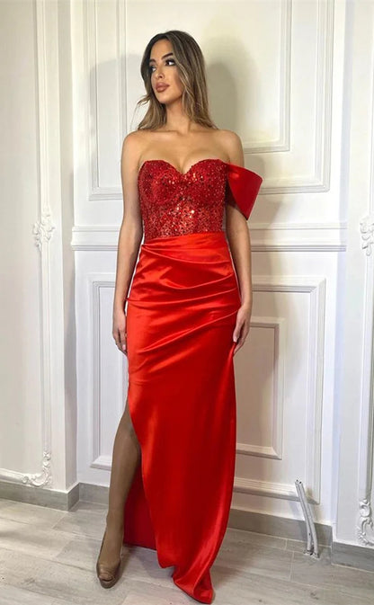 RP1066-Elegant Red Mermaid One Shoulder Sequins Ruched Sleeveless Long Prom Evening Dresses Formal Party Gowns With Slit