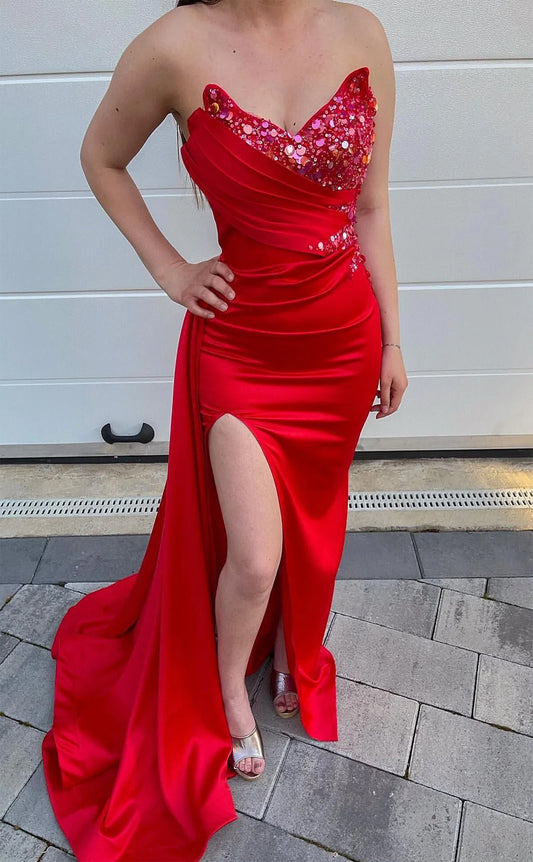 RP1065-Elegant Red Mermaid Sweetheart Sequins Ruched Sleeveless Long Prom Evening Dresses Formal Party Gowns With Slit