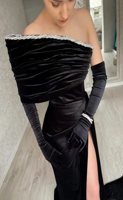 RP1067-Elegant Black Mermaid One Shoulder Beads Ruched Long Sleeves Velvet Long Prom Evening Dresses Formal Party Gowns With Silt