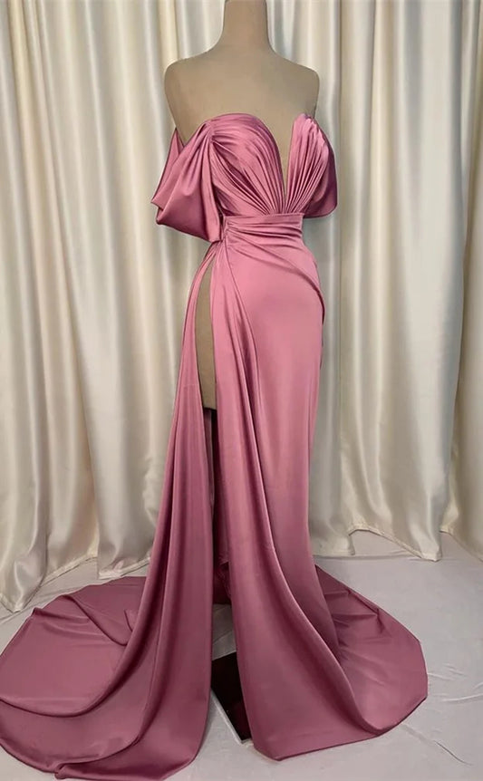 RP1069-Elegant Mermaid Purple Off-the-Shoulder Ruched Cap Sleeves Long Prom Evening Dresses Formal Party Gowns With Slit