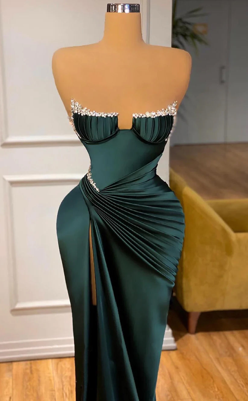 RP486-Gorgeous Green Mermaid Spaghetti Ruched Beads Sleeveless Satin Prom Evening Dresses Formal Party Gowns With Side Slit