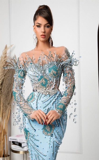 RP291-Luxury Sky Blue Mermaid Off-the-Shoulder Beads Crystals Tassel Long Sleeves Prom Evening Dresses Formal Party Gowns With Appliqued