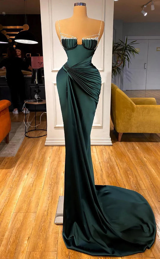 RP486-Gorgeous Green Mermaid Spaghetti Ruched Beads Sleeveless Satin Prom Evening Dresses Formal Party Gowns With Side Slit