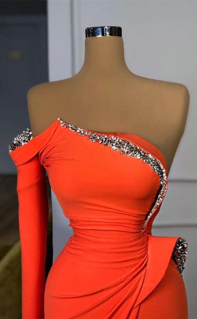 RP1060-Elegant Orange Mermaid One Shoulder Crystals Ruched One Long Sleeve Long Prom Evening Dresses Formal Party Gowns With Silt