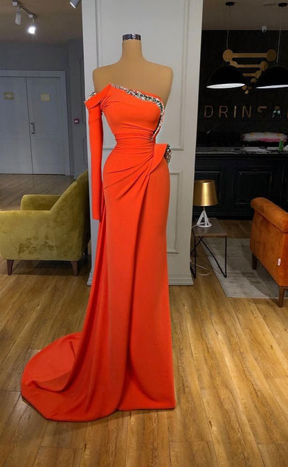 RP1060-Elegant Orange Mermaid One Shoulder Crystals Ruched One Long Sleeve Long Prom Evening Dresses Formal Party Gowns With Silt