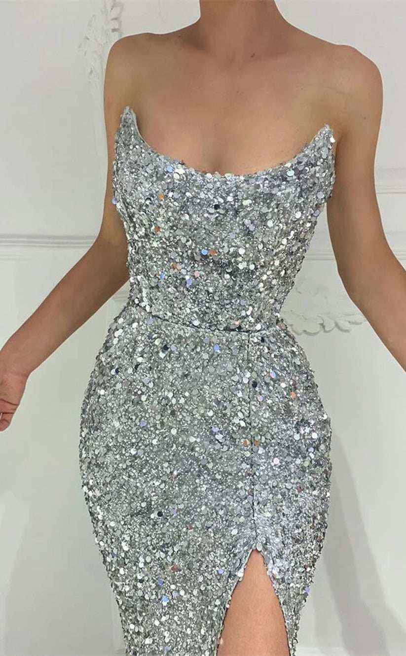 RP983-Sparkling Silver Mermaid Strapless Beads Sequins Sleeveless Long Prom Evening Dresses Formal Party Gowns With Slit