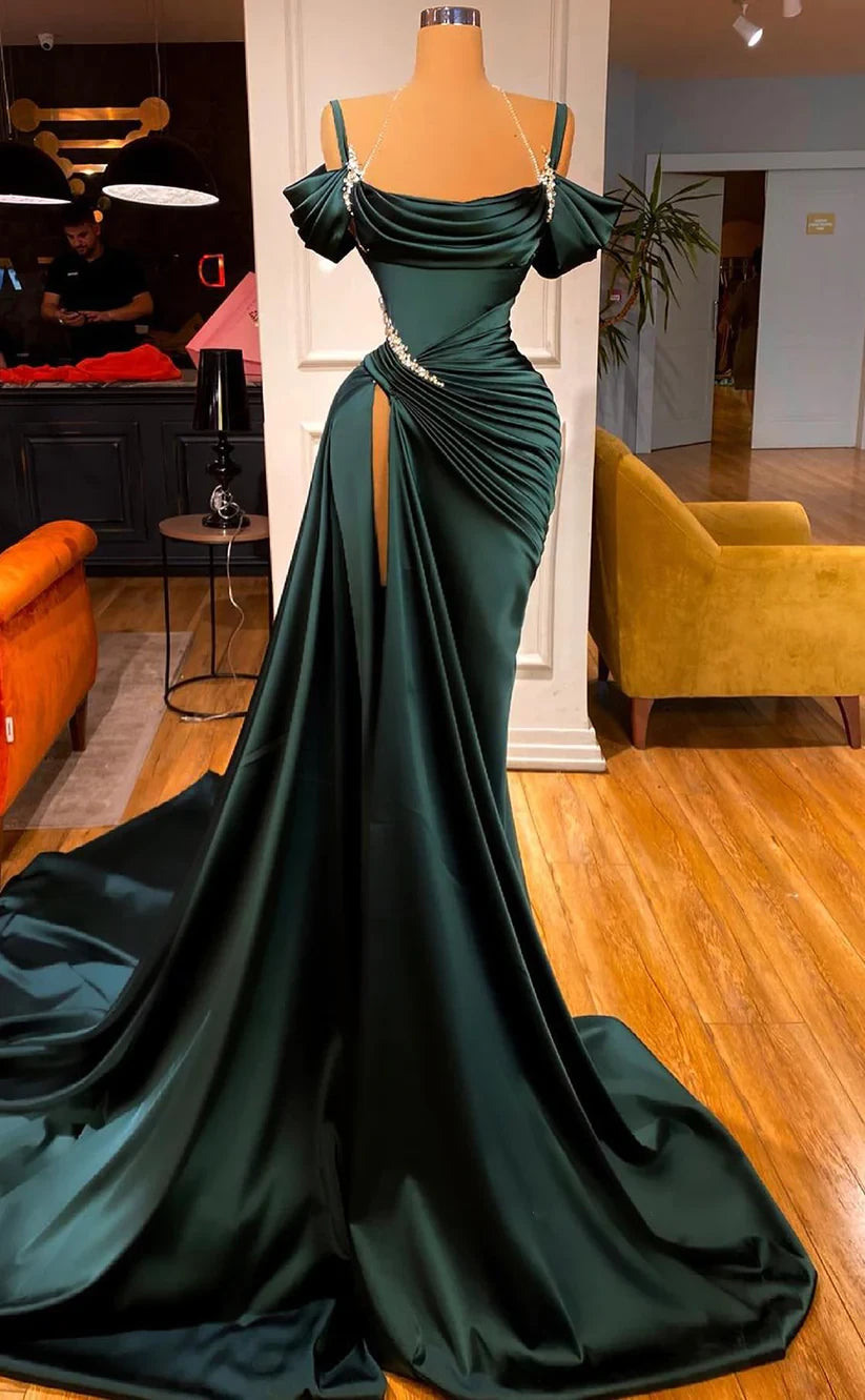 RP487-Gorgeous Green Mermaid Spaghetti Ruched Crystals Sleeveless Satin Prom Evening Dresses Formal Party Gowns With Side Slit