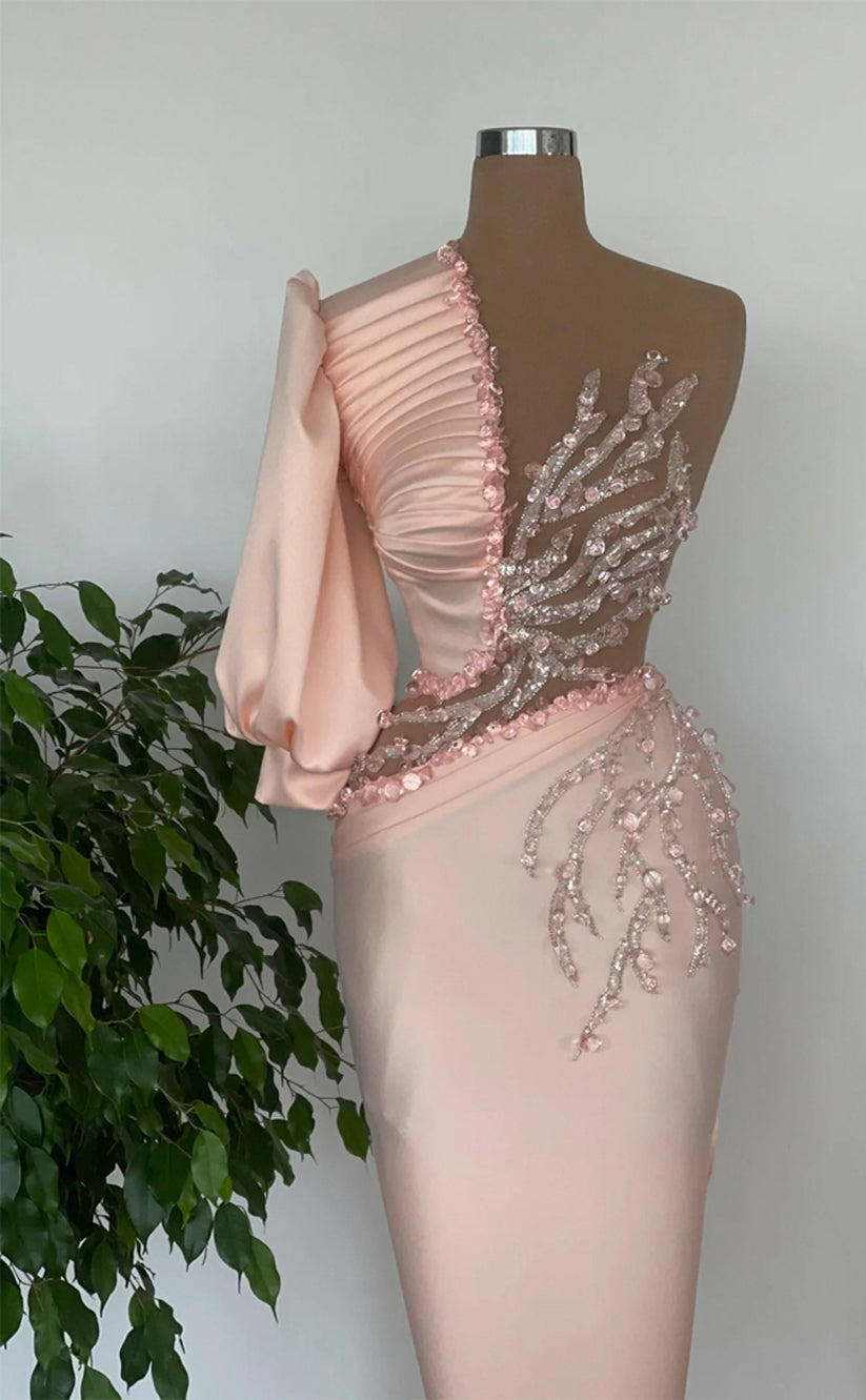 RP292-Modern Mermaid One Shoulder Beads Crystals One Long Sleeve Prom Evening Dresses Formal Party Gowns