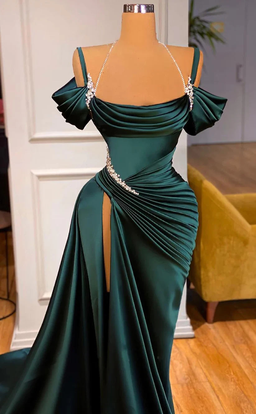 RP487-Gorgeous Green Mermaid Spaghetti Ruched Crystals Sleeveless Satin Prom Evening Dresses Formal Party Gowns With Side Slit