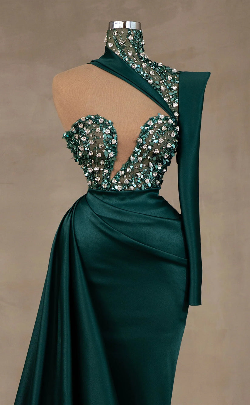 RP488-Luxury Green Mermaid High Neck Beads Sequins Ruched Crystals Long Sleeves Satin Prom Evening Dresses Formal Party Gowns