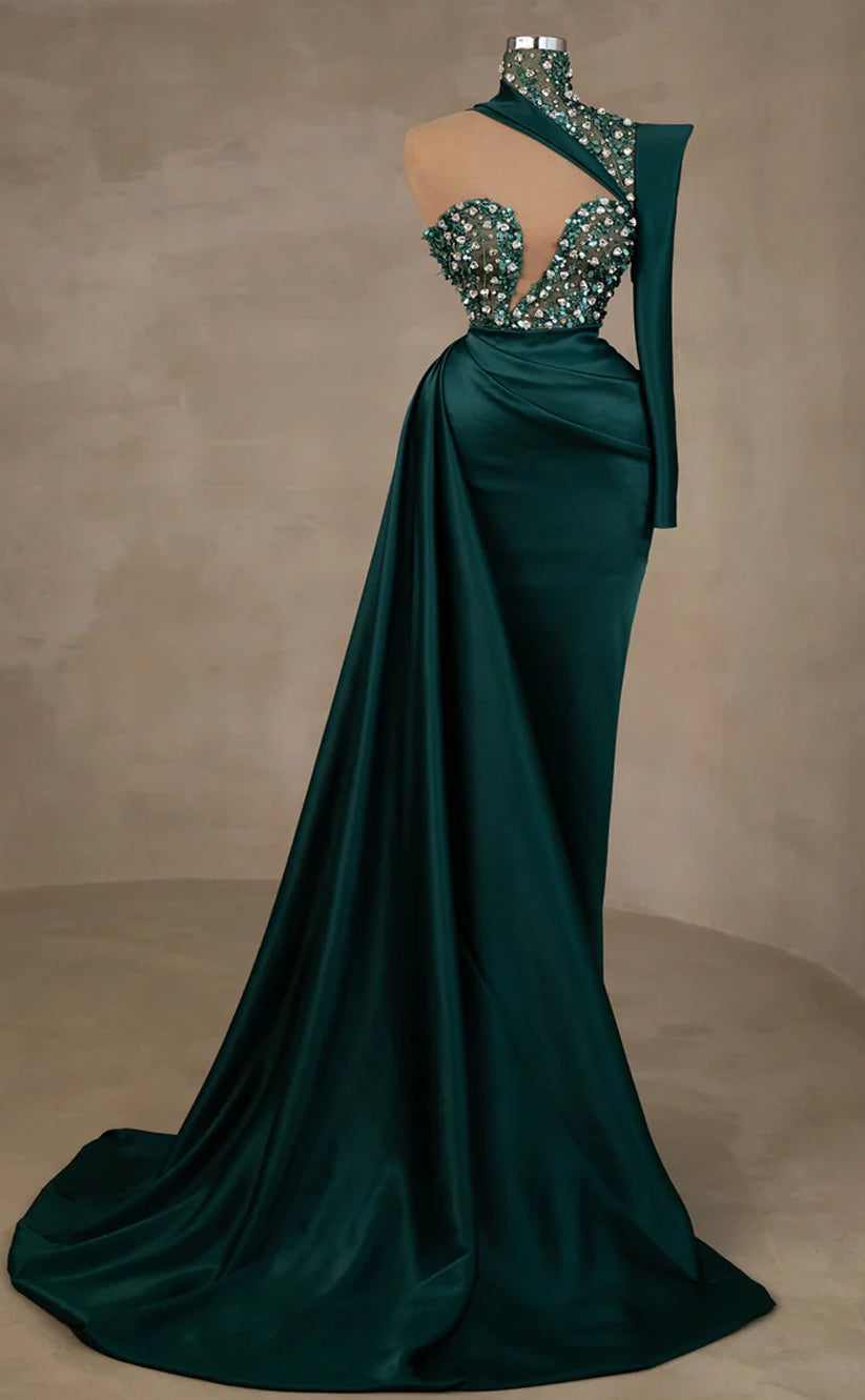 RP488-Luxury Green Mermaid High Neck Beads Sequins Ruched Crystals Long Sleeves Satin Prom Evening Dresses Formal Party Gowns