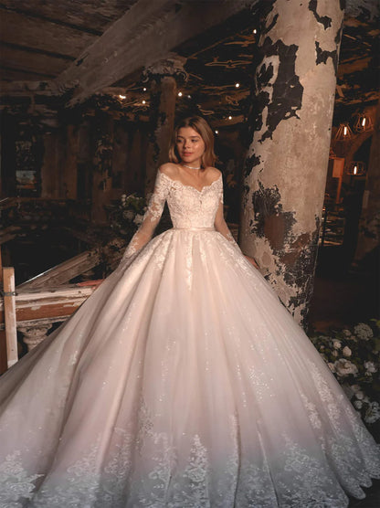 Luxurious Ball Gown Wedding Dresses Off The Shoulder Beads Appliques Belt Illusion Long Sleeves Tulle Court Train Bridal Gowns Custom Made