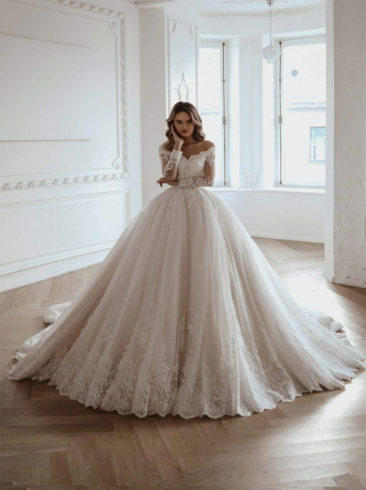 Luxurious Ball Gown Wedding Dresses Off The Shoulder Beads Appliques Belt Illusion Long Sleeves Tulle Court Train Bridal Gowns Custom Made