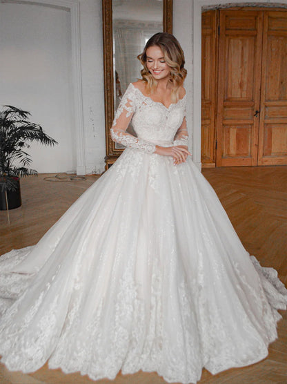 Luxurious Ball Gown Wedding Dresses Off The Shoulder Beads Appliques Belt Illusion Long Sleeves Tulle Court Train Bridal Gowns Custom Made