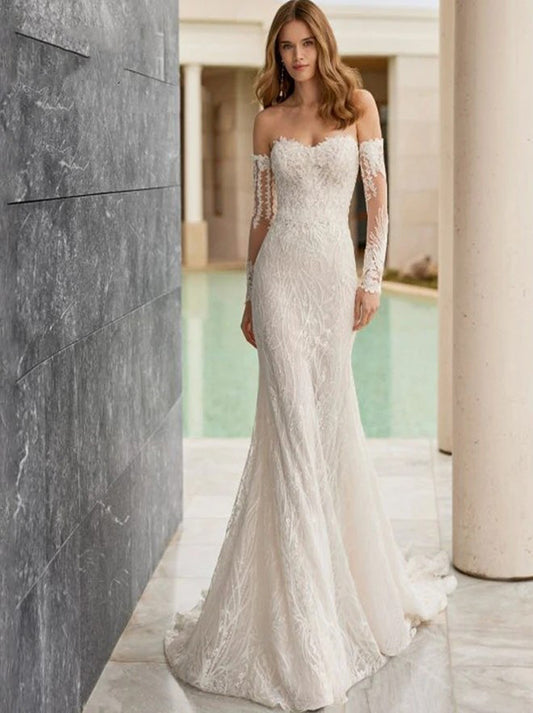 Sexy Mermaid Wedding Dresses Sweetheart Detachable Long Sleeves Appliques Beads Lace Up Back Lace Sweep Train Bridal Gowns