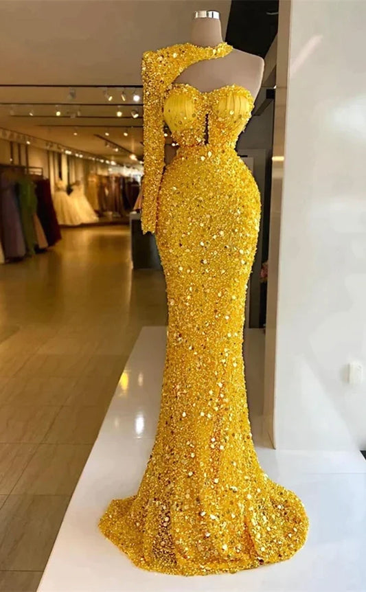 RP363-Luxury Mermaid High Neck Crystals Sequined One Long Sleeve Prom Evening Dresses Formal Party Gowns