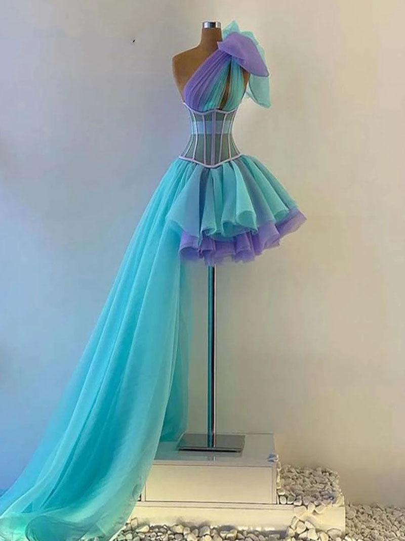 New Colorful  Matching One Shoulder High Low Short Split Zipper Flower Ruffles Organza Homecoming Dresses Festival Prom Party Cocktail Graduation Gowns Vestidos De Fiesta Custom