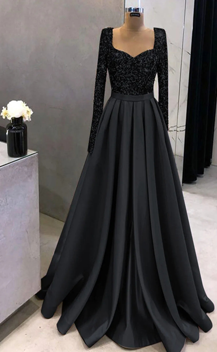 RP049-Elegant A-Line Sweetheart Long Sleeves Beads Sequins Side Slit Lace up Back Long Satin Prom Dresses With Pockets Evening Party Gowns