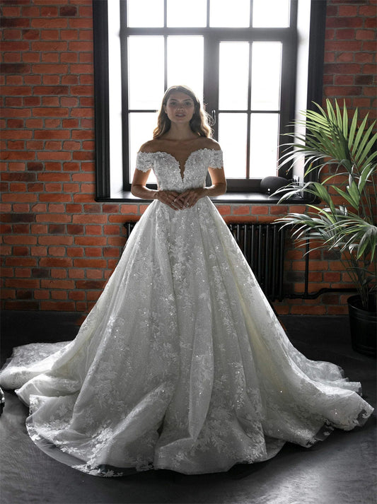 Luxurious A-Line Wedding Dresses Illusion Scoop Cap Sleeves Appliques Beads Lace Court Train Bridal Gowns Custom Made