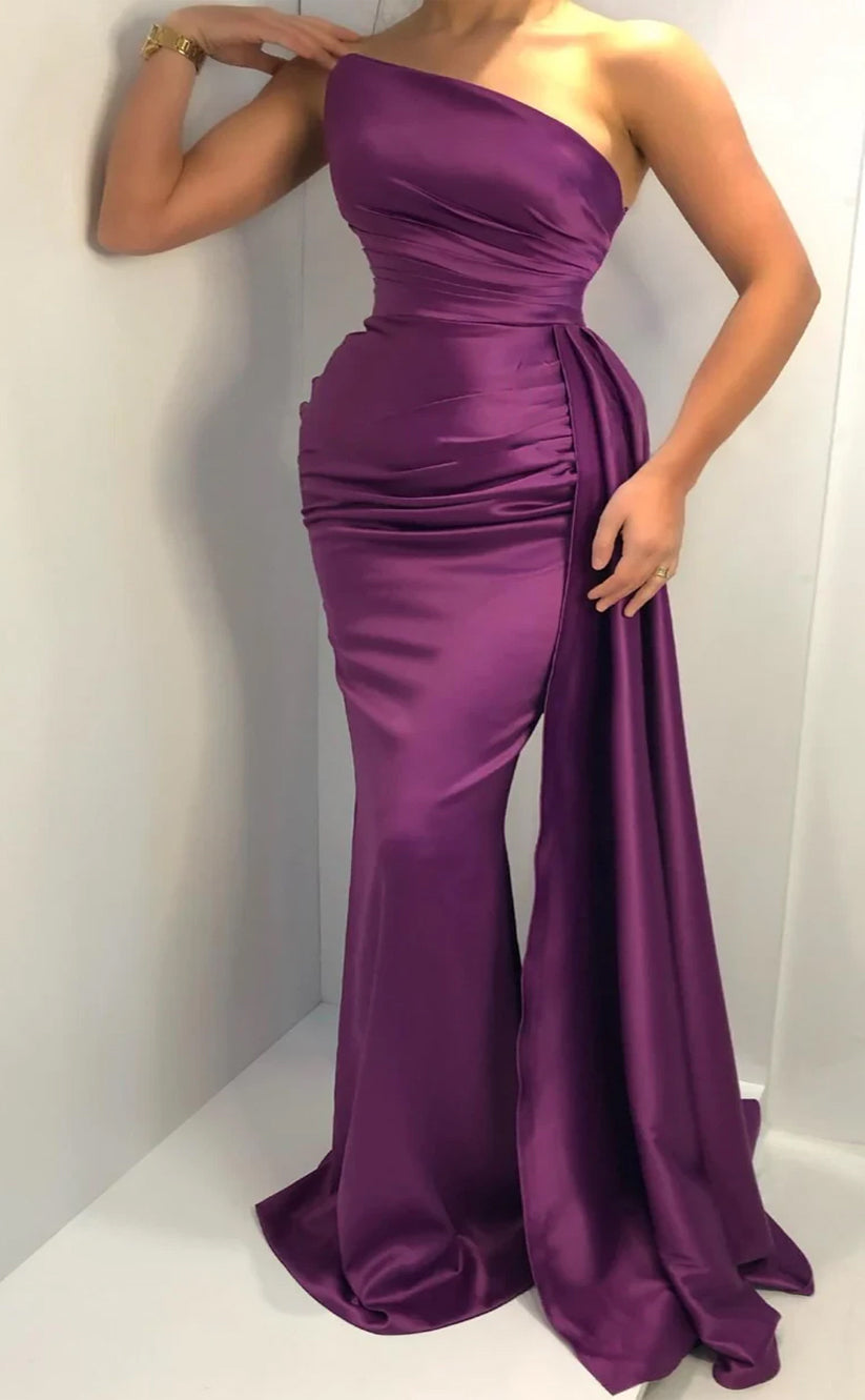 RP490-Elegant Mermaid Strapless Ruched Sleeveless Satin Prom Evening Dresses Formal Party Gowns