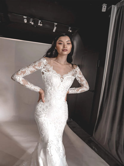 Sexy Mermaid Wedding Dresses Off The Shoulder Long Sleeves Beads Appliques Tulle Sweep Train Bridal Gowns Custom Made