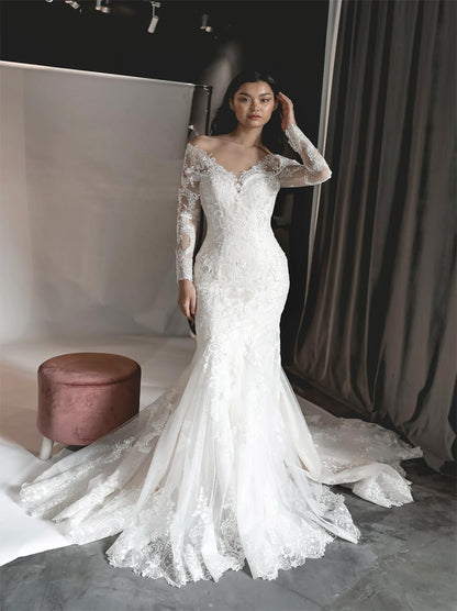 Sexy Mermaid Wedding Dresses Off The Shoulder Long Sleeves Beads Appliques Tulle Sweep Train Bridal Gowns Custom Made