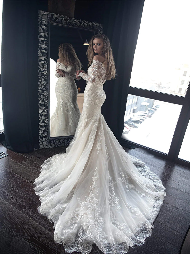 Sexy Mermaid Wedding Dresses Off The Shoulder Long Sleeves Beads Appliques Tulle Sweep Train Bridal Gowns Custom Made