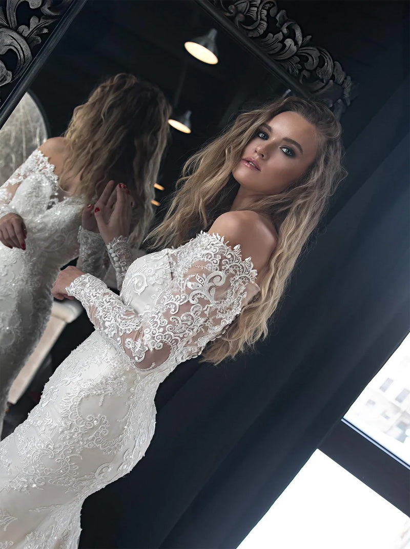 Sexy Mermaid Wedding Dresses Off The Shoulder Long Sleeves Beads Appliques Tulle Sweep Train Bridal Gowns Custom Made