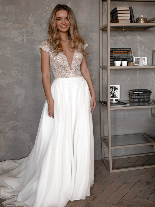 Modern A-Line Wedding Dresses V-Neck Sequins Appliques Cap Sleeves Chiffon Covered Button Sweep Train Bridal Gowns Custom Made