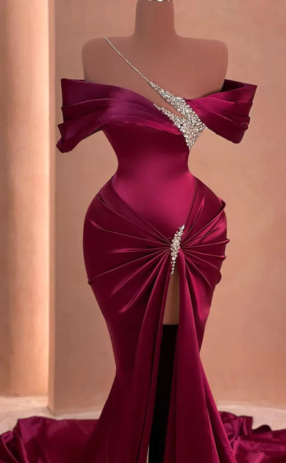 RP491-Gorgeous Burgundy Mermaid Off-the-Shoulder Ruched Beaded Sleeveless Satin Prom Evening Dresses Formal Party Gowns With Slit